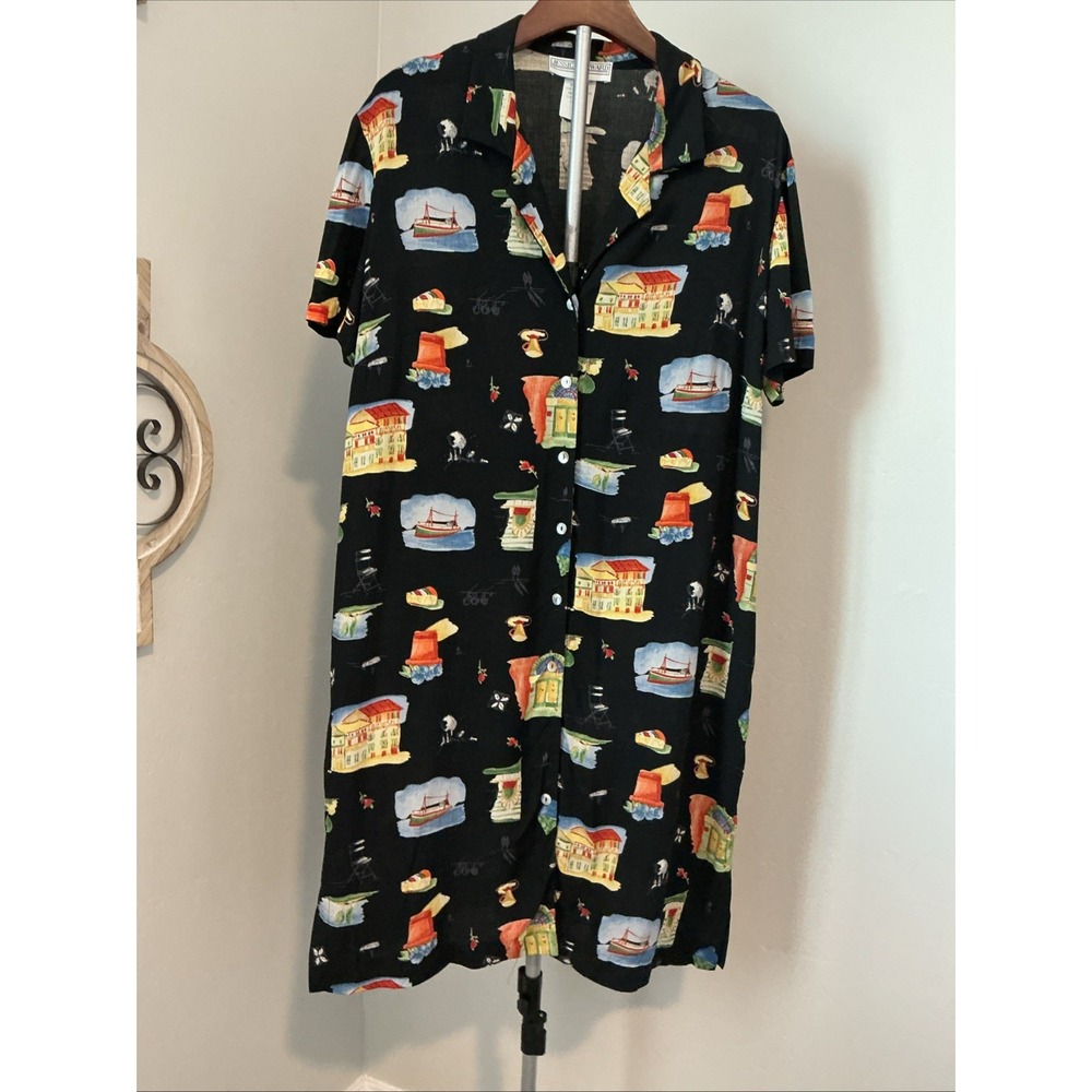 Jessica Howard Women Novelty Print‎ Button Down Midi Dress Sz 16 Travel